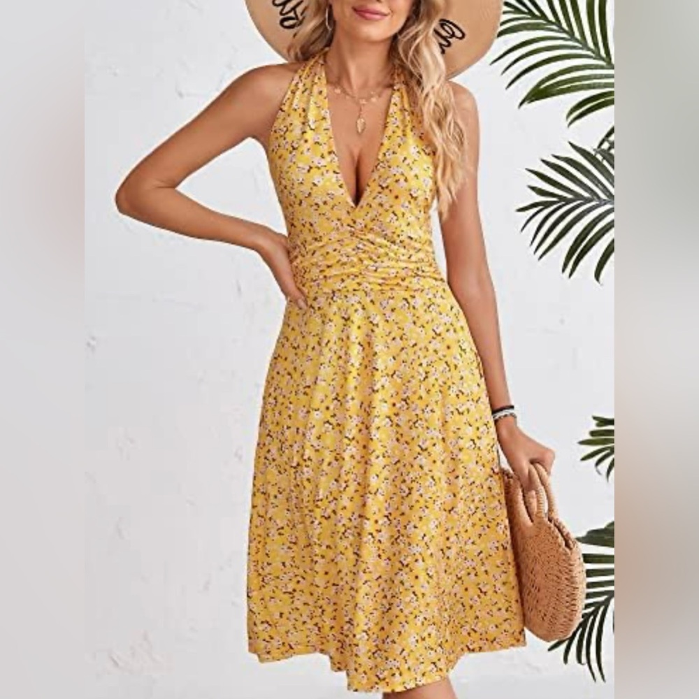 Women's Summer Sundress Sleeveless Halter Neck Spring Boho Floral with Pocket